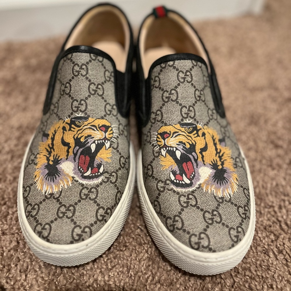 Gucci Beige and Black Tiger Slip-On Shoes